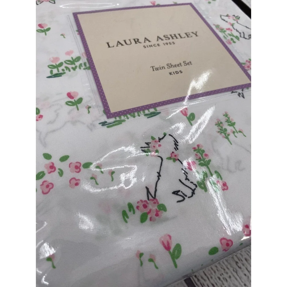 Laura Ashley Sheet Set Kids TWIN White Westie Dog Pup Floral Pink 3pc Bedding